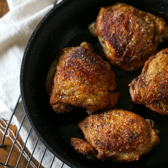 crispy pan roasted chicken thighs - Recipe photo by NutmegNanny