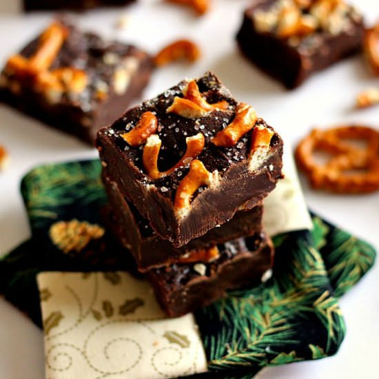Salted Dark Chocolate Pretzel Fudge - Recipe photo by pumpkinnspice