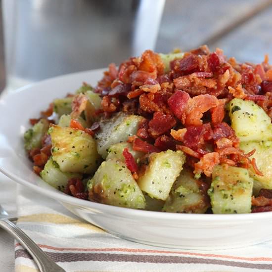 Fried Pesto Potatoes & Bacon - Recipe photo by simplegreenmoms