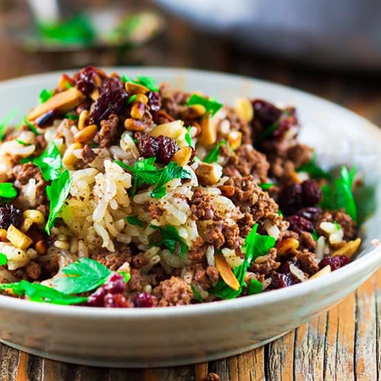 Hashweh Rice w/ Beef, Nuts & Raisin - Recipe photo by The Mediterranean Dish