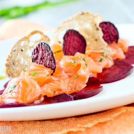 Gravlaks on beetroot carpaccio - Recipe photo by bazyliaczywanilia