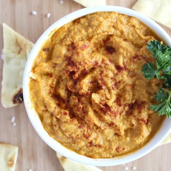 Spicy Pumpkin Sriracha Hummus - Recipe photo by Purely Katie
