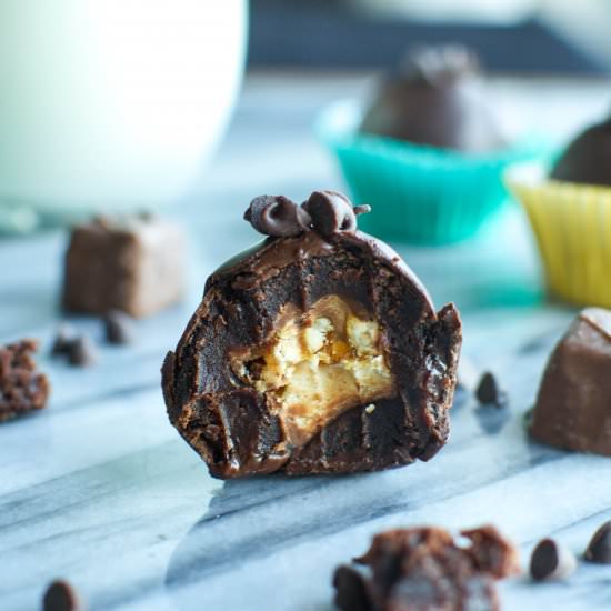 Snickers Stuffed Brownie Truffles - Recipe photo by A baJillian Recipes