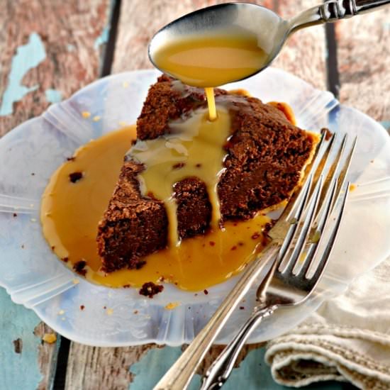 Fudge Pie with Salted Caramel Sauce - Recipe photo by loavesanddishes