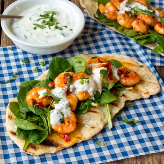 Garlic chilli shrimp flatbreads - Recipe photo by KitchenSanctuary