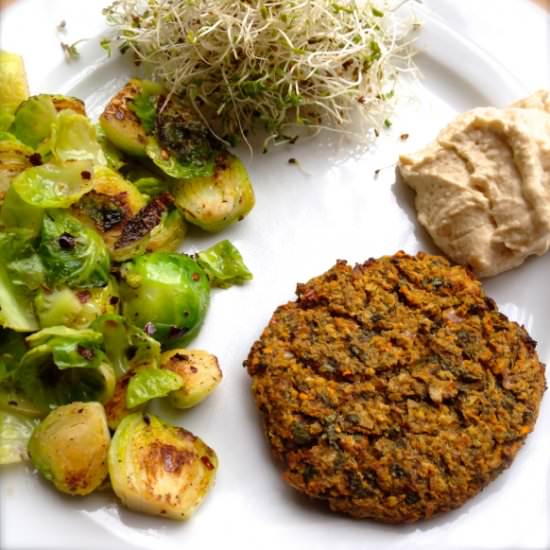 Black Bean Burgers & Spicy Brussels - Recipe photo by cow crumbs