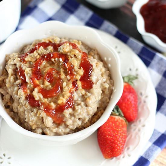 Peanut Butter & Jelly Oatmeal - Recipe photo by thegoldlininggirl