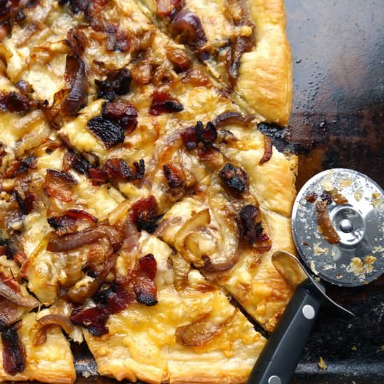 Bacon & Onion Puff Pastry Pizza - Recipe photo by NY Foodgasm