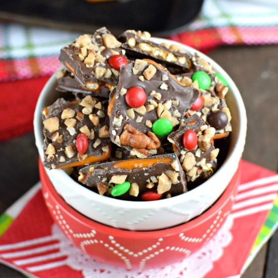 M&M Pecan Toffee Pretzel Bark - Recipe photo by BruCrewLife