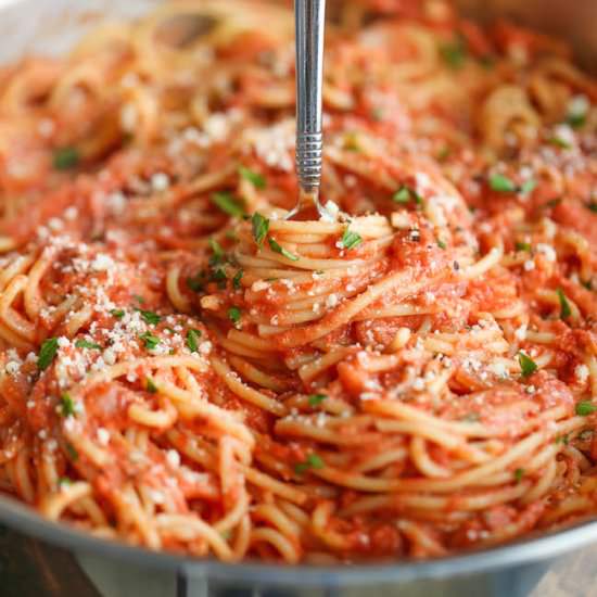 Spaghetti with Tomato Cream Sauce - Recipe photo by damndelicious
