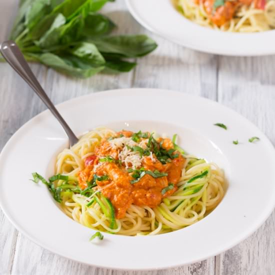 Creamy Tomato Salmon with Spaghetti - Recipe photo by KitchenSanctuary
