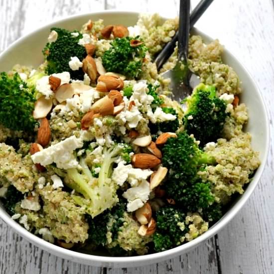 Quinoa w Broccoli Almond Pesto Feta - Recipe photo by PinchandSwirl