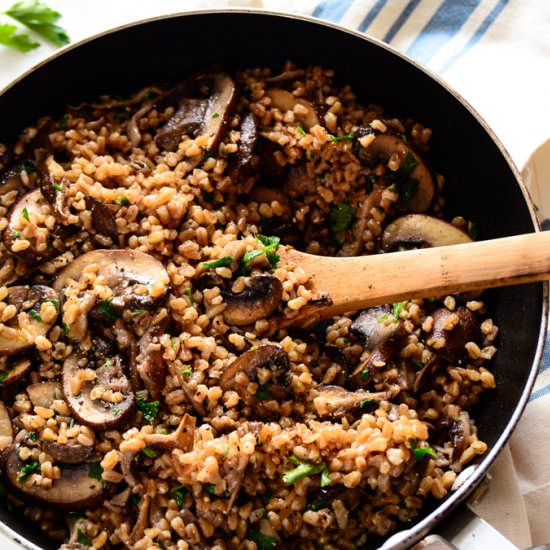 Garlicky Farro w/ Sautéed Mushrooms - Recipe photo by BlissfulBasil