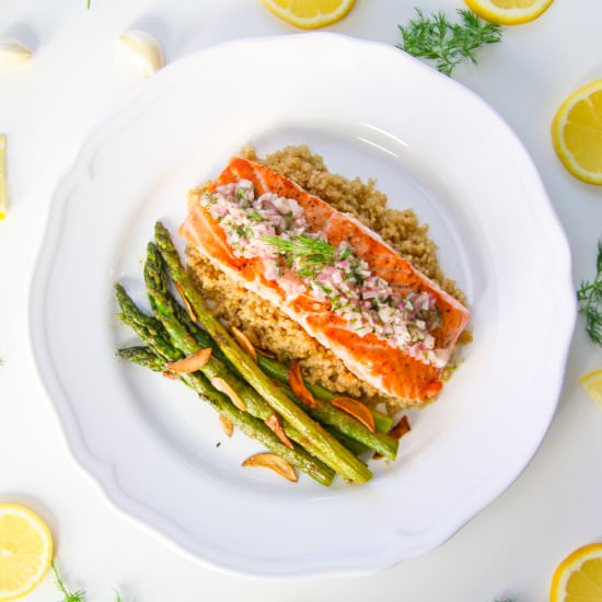 Salmon with Quinoa & Asparagus - Recipe photo by chef julie yoon