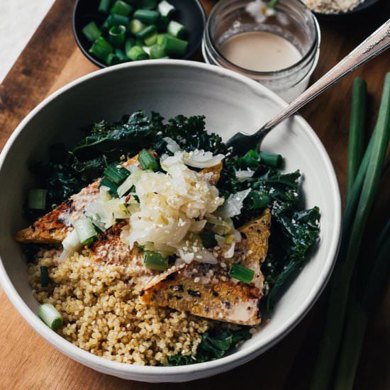 Sesame Kale Macro Bowl w/ Kraut - Recipe photo by Faring Well