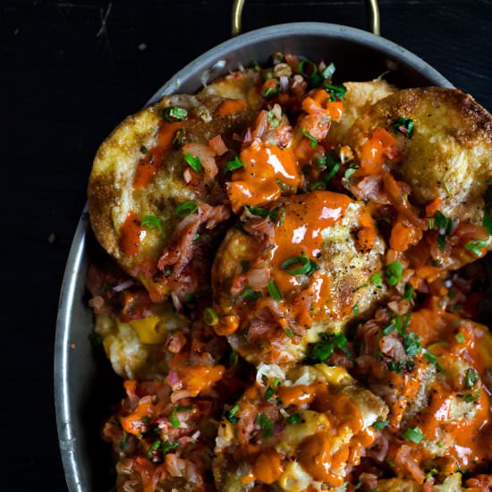 Fried Dumpling and Kimchi Nachos - Recipe photo by Mandy Lee @ Lady and Pups