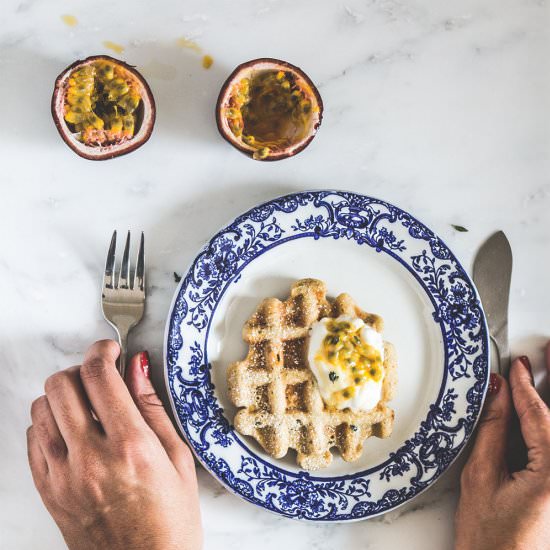 Thyme & passion fruit spelt waffles - Recipe photo by sugarthumb