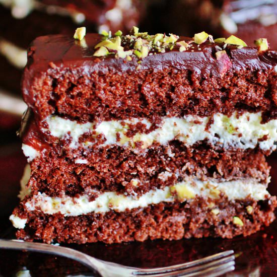 Ganache & Pistachio Mascarpone Cake - Recipe photo by persianmama