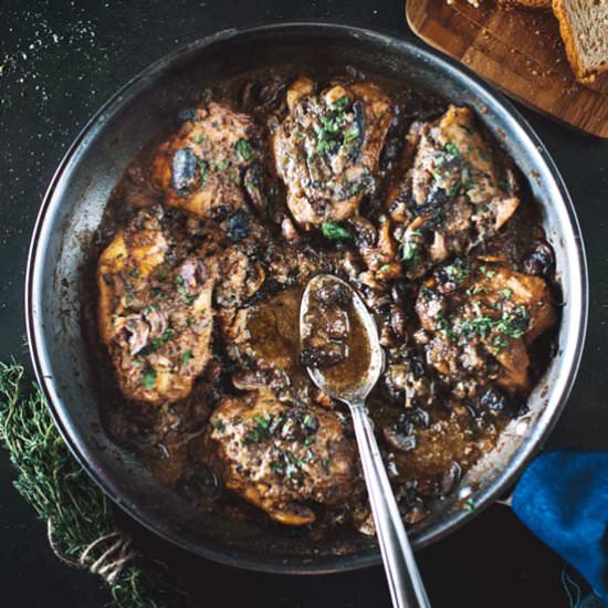 Braised Chicken Thighs w/ Mushrooms - Recipe photo by foolproofliving.com
