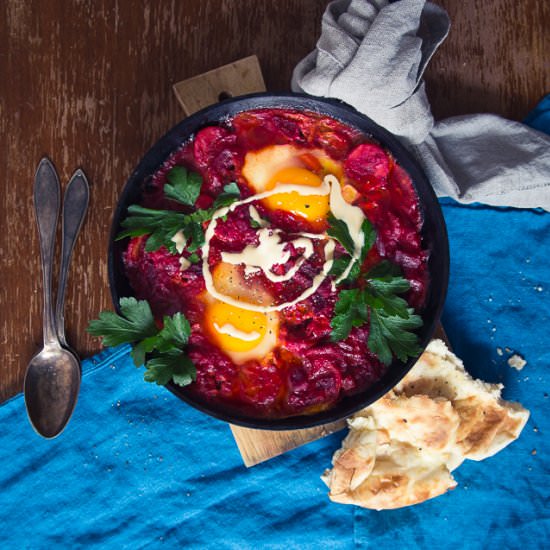 Tandoori Shakshuka with Naan & Tahini - Recipe photo by cashewkitchen