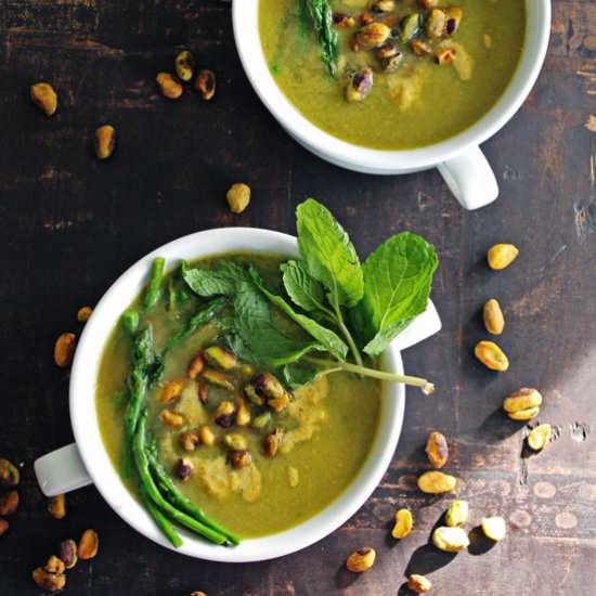 Asparagus Soup with Pistachio Cream - Recipe photo by Rhubarbarians