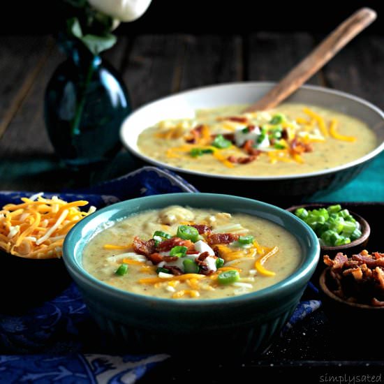 Three-Cheese Baked Potato Soup - Recipe photo by simply sated
