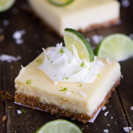 Coconut Key Lime Cheesecake Bars - Recipe photo by garnishandglaze