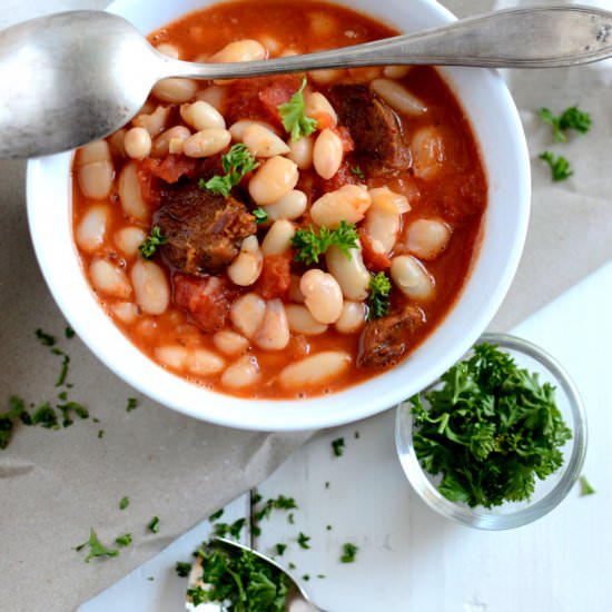 Baked beans w/ vegan chorizo - Recipe photo by vegancrossroads