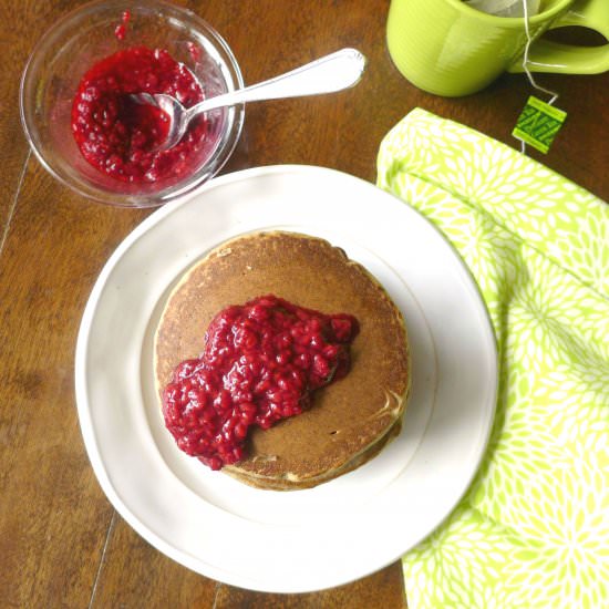 Buckwheat Pancakes w Raspberry Syrup - Recipe photo by Luv My Veggie Table