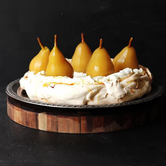 Whiskey Poached Pear Pavlova - Recipe photo by dinexdesign