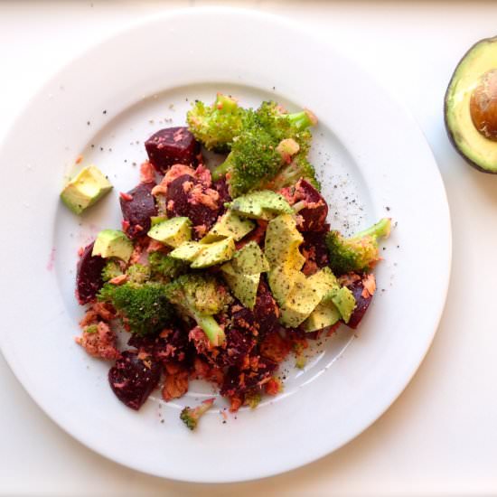 Beets Broccoli Salmon & Avocado - Recipe photo by cow crumbs