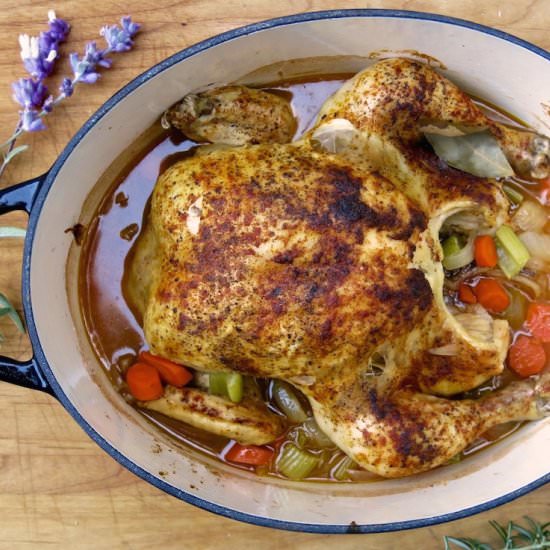 Simple Dutch Oven Roasted Chicken - Recipe photo by castironandwine