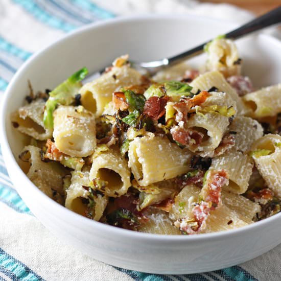 Pasta w/ bacon, brussels, & ricotta - Recipe photo by erinblueburke