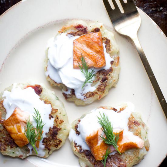 Potato Cakes, Bacon + Smoked Salmon - Recipe photo by OurFourForks