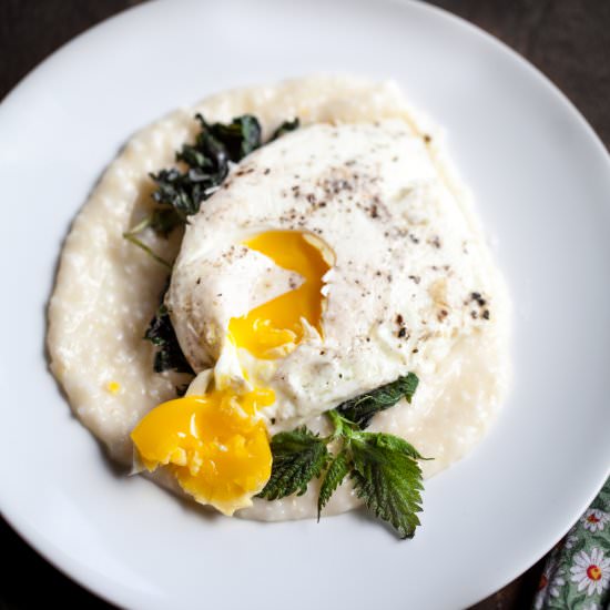 Stinging Nettles with Grits and Egg - Recipe photo by crackersonthecouch