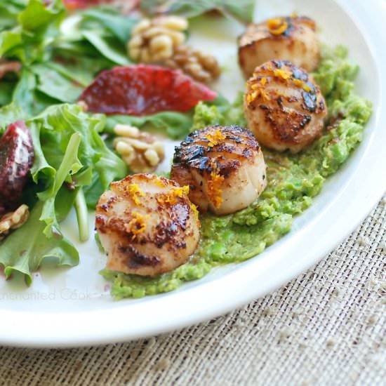 Blood Orange Scallops w/ Pea Hummus - Recipe photo by The Enchanted Cook