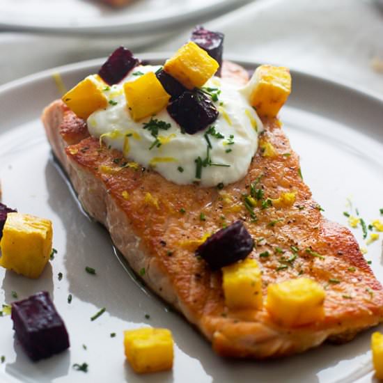 Crispy Salmon with Beets - Recipe photo by cookingforkeeps