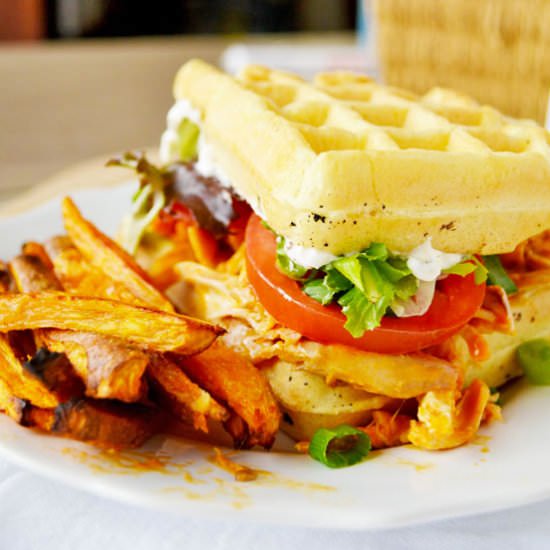 Buffalo Chicken Waffle Sandwich - Recipe photo by Simple Hacks Living