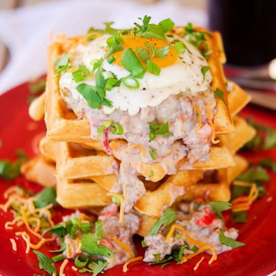 Waffles With Green Chile Gravy - Recipe photo by beyondmeresustenance