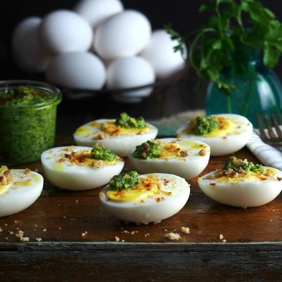 Pesto on Eggs with Sugared Pecans - Recipe photo by simply sated