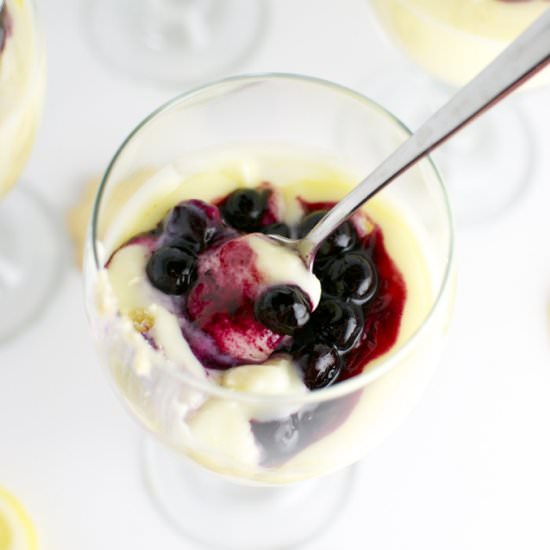 Lemon Pudding with Blueberry Sauce - Recipe photo by Stuck on Sweet