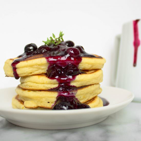 Pancakes w/ Blueberry-Thyme Sauce - Recipe photo by Gluten Free Blondie