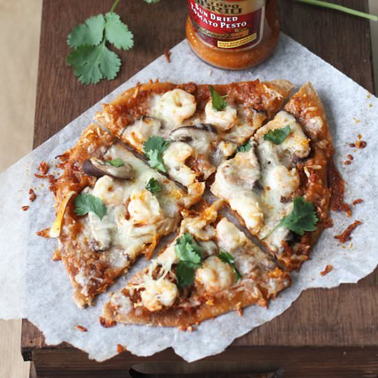 Shrimp and Mushroom Pesto Pizza - Recipe photo by the tummy train