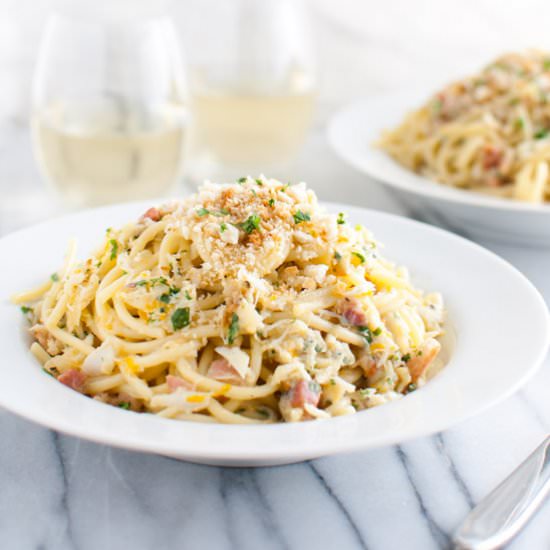 Spaghetti Carbonara with Crab - Recipe photo by tamingofthespoon