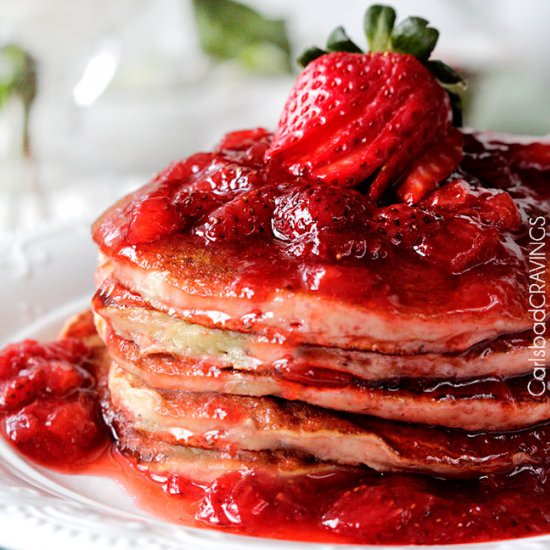 Strawberry Cheesecake Pancakes - Recipe photo by carlsbadcravings