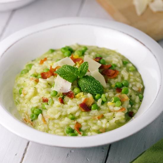 Pea and Bacon Risotto with Mint - Recipe photo by Jessica Gavin