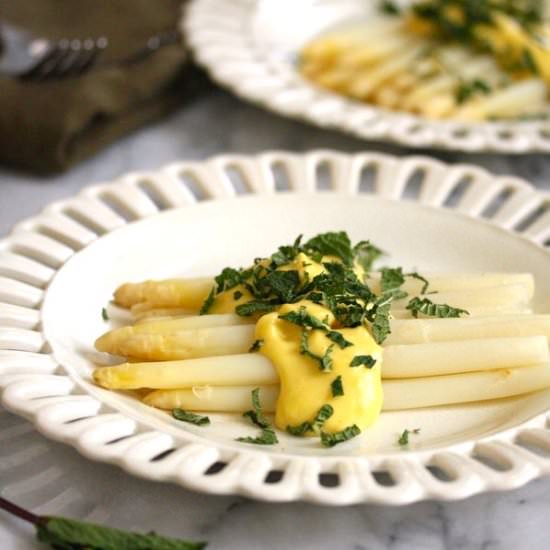 White Asparagus with Sabayon Sauce - Recipe photo by Feed Me Phoebe