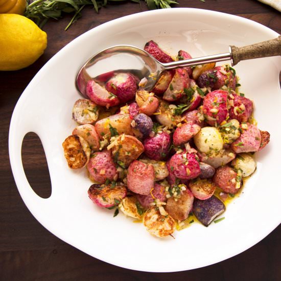 Roasted Radishes with Vinaigrette - Recipe photo by stripedspatula