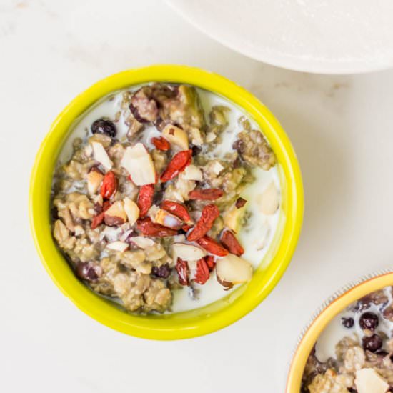 Blueberry Matcha Green Tea Oatmeal - Recipe photo by Coreen Murphy