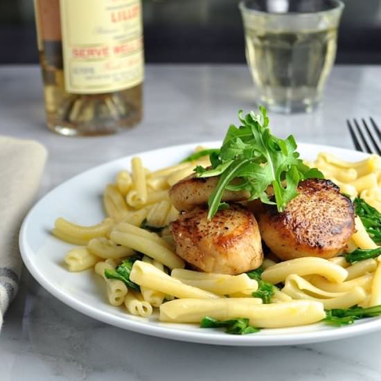 Seared Scallops w/ Pasta & Arugula - Recipe photo by PinchandSwirl